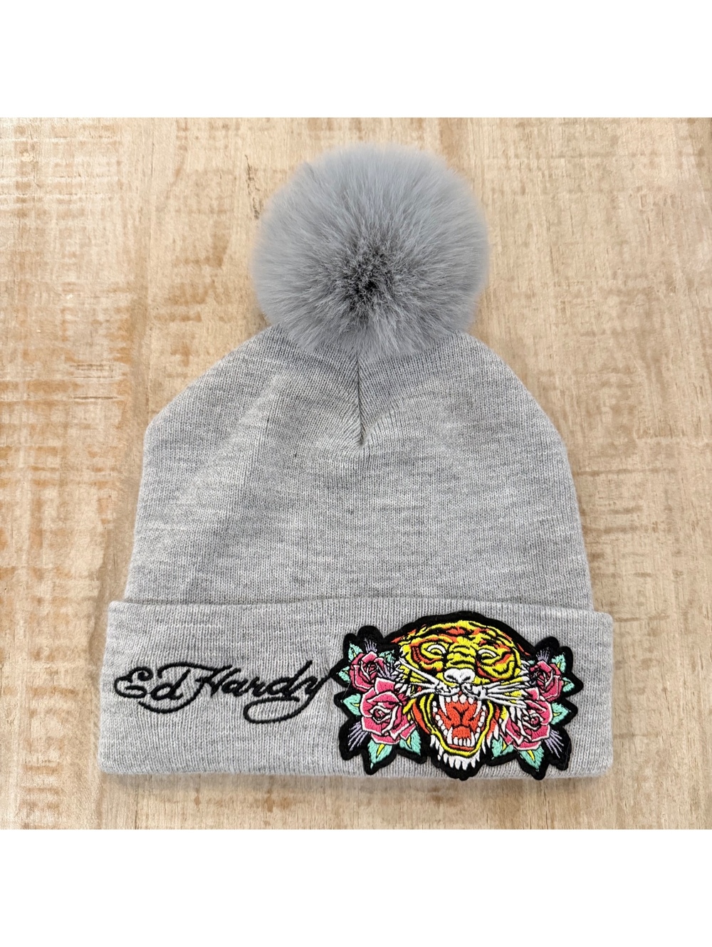 Ed Hardy Tiger Rose Gray Pom Pom Beanie Hat Embroidered One Size Y2K